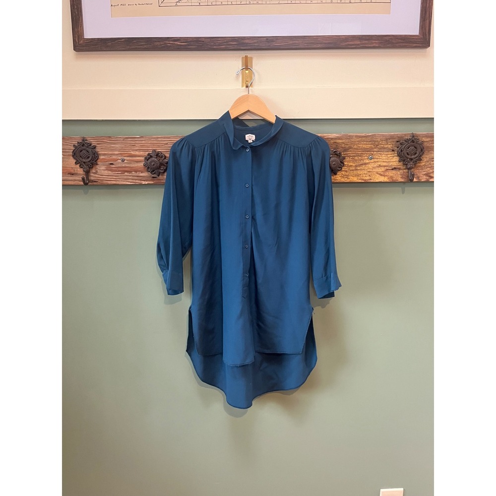 Wilfred Aritzia Teal Blue 100% Silk Peter Pan Collar Button Down Blouse XS‎